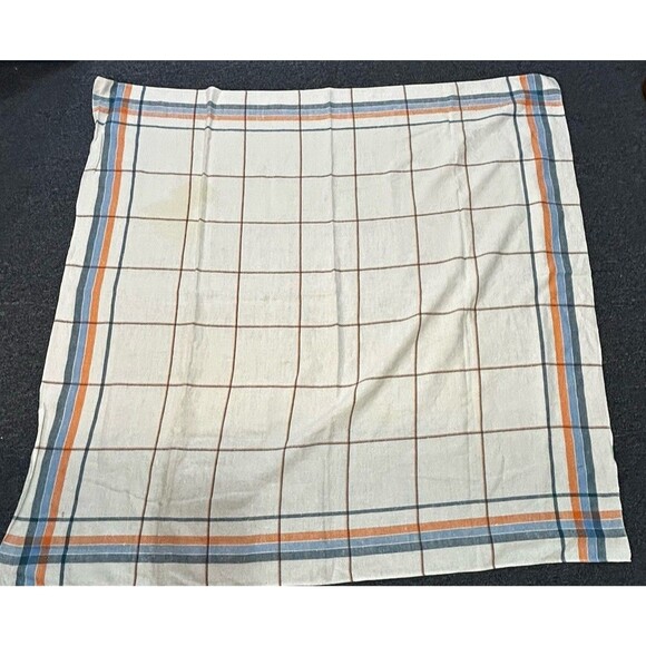 Vintage Linen Tablecloth 48” Square White Blue Orange Plaid SOME STAINS - Picture 5 of 9